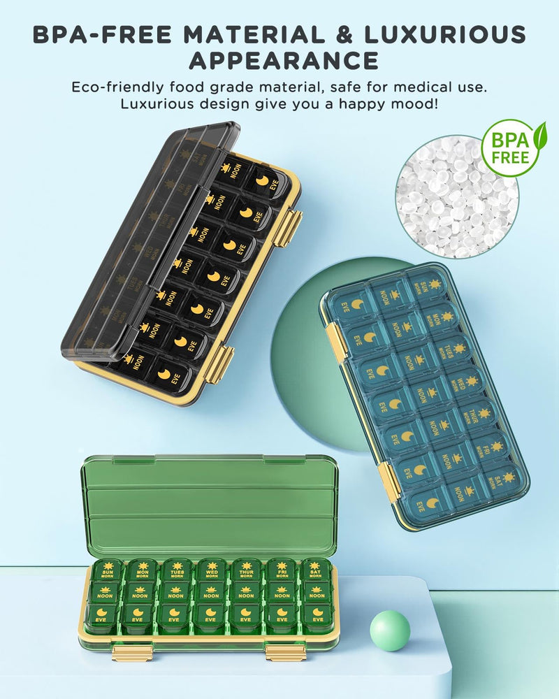 Acedada Pill Organizer 3 Times A Day, 7 Day Pill Box 21 Compartments, Black | Large Capacity, BPA-Free, Easy Open Medicine Case, 7 Removable Daily Box for Travel, Morning Noon Night, Dose Vitamin Tracker