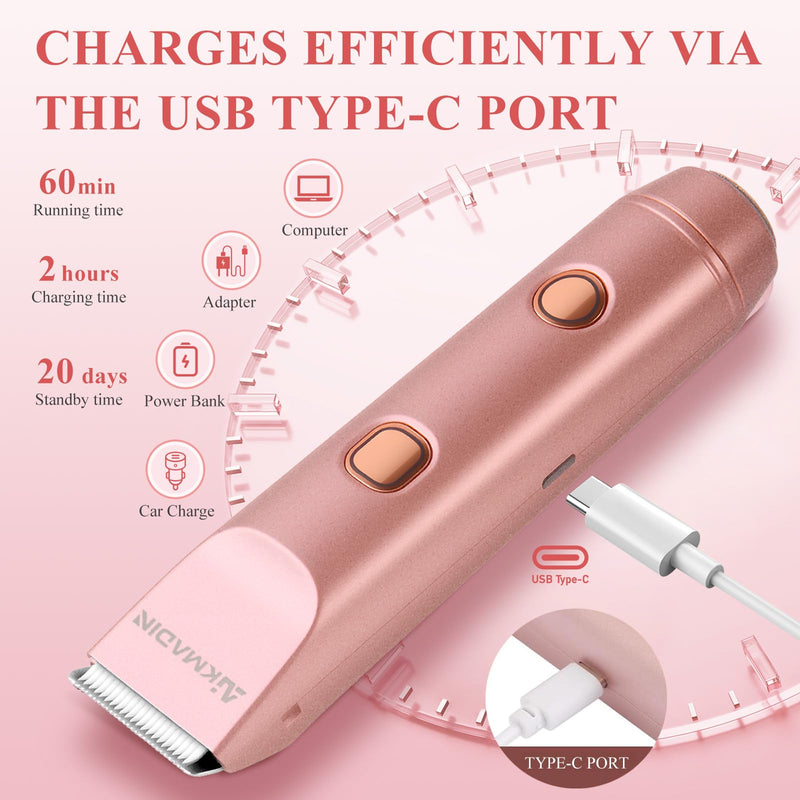Bikini Trimmer for Women, 2-in-1 Electric Razor & Shaver with IPX7 Waterproof, Low-Noise Painless Design, Wet & Dry Hair Remover for Face, Body & Intimate Areas, 60 Mins Cordless Runtime upgraded version