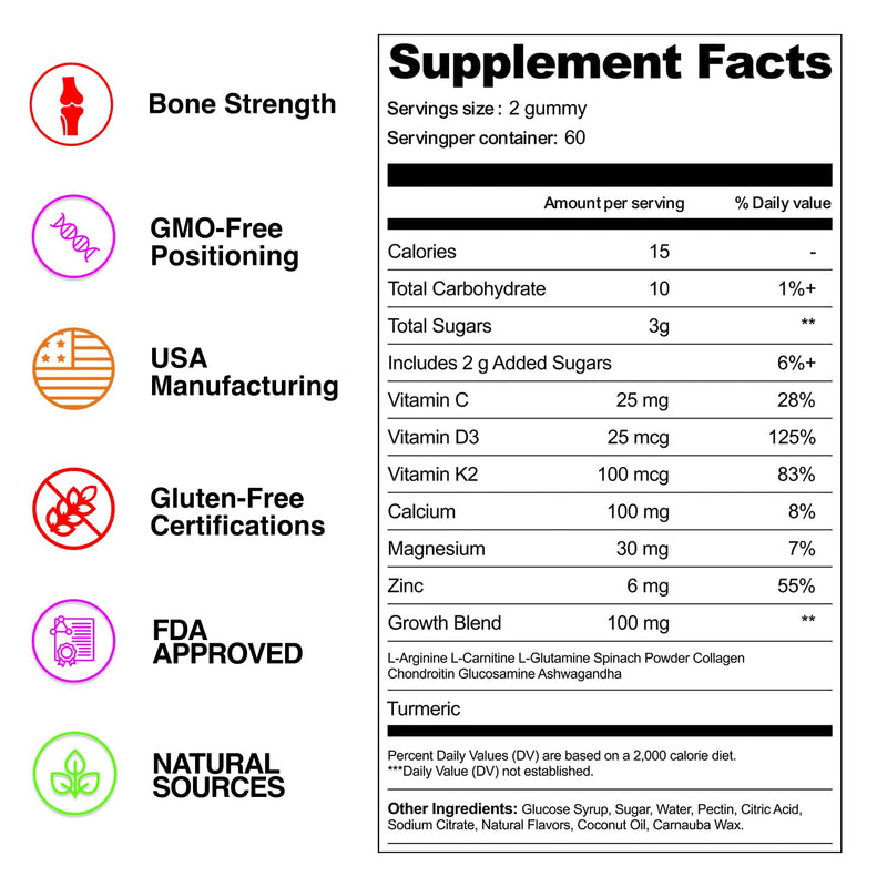 Height Growth Gummies with L-Arginine for Kids Age 2+ & Teens- Sugar-Free Grow Tall Gummies with Vitamin C, D3 + K2 Calcium, Zinc, Magnesium, for Teen Boys & Girls- Strawberry Flavour 60 Gummies