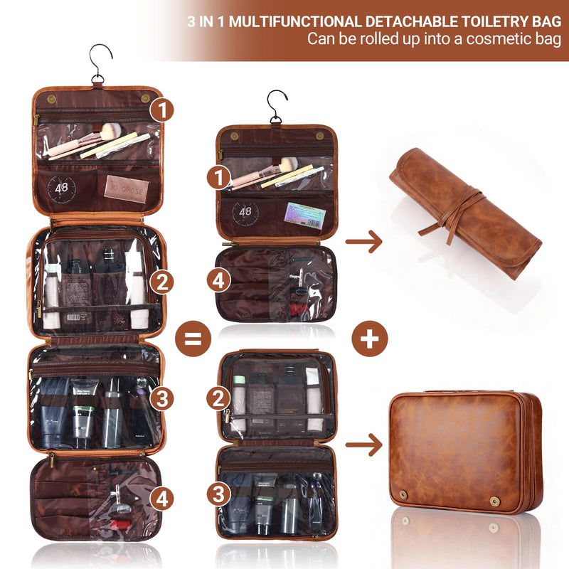 OXYEFEI Personalized Hanging Travel Toiletry Bag Gift for Men,Engraved Initial PU Leather Mens Large Toiletry Travel Essential Organizer Dopp Kit Shaving Bag for Him Birthday (K, Light Brown) K