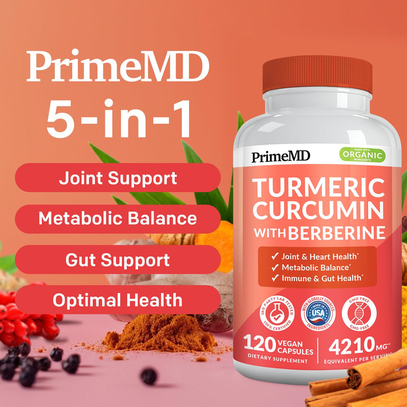 [Australia] - 5-in-1 Organic Turmeric Curcumin Supplement (4210mg) with Berberine, Ceylon Cinnamon Bioperine and Ginger Supplements for Joint, Heart, Gut, & Metabolic Support (120 ct) 120 Count (Pack of 1) 