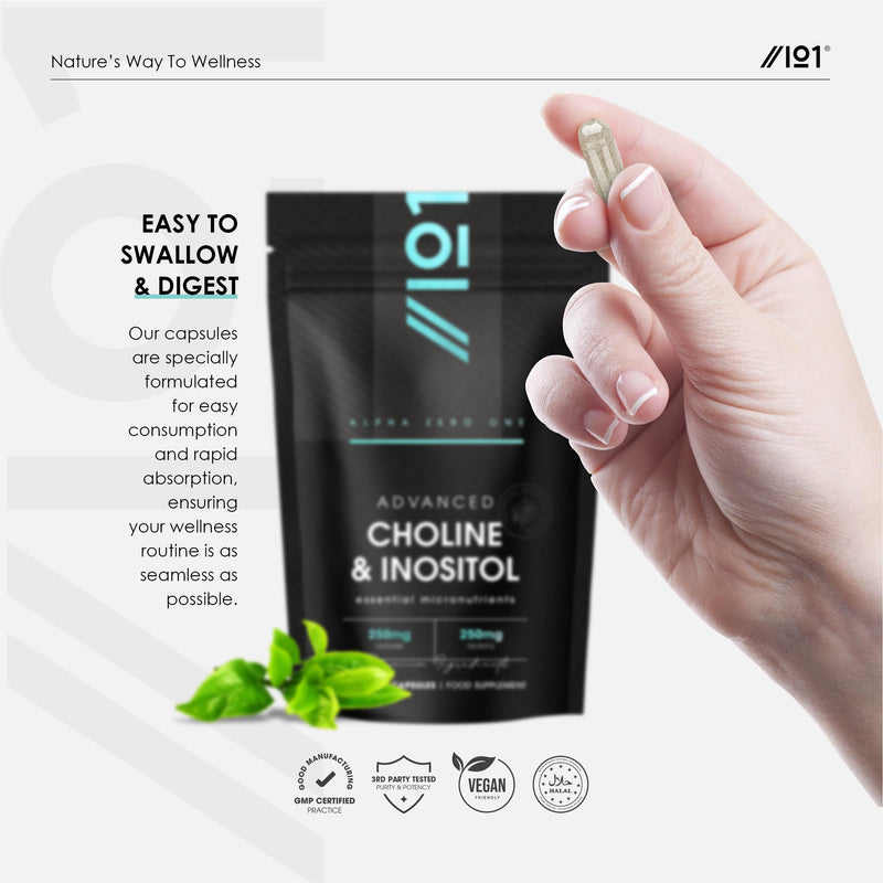 Choline & Inositol 250/250mg – 60 Vegan Capsules – Supports Metabolising Nutrients - Improves Transport of Fat for a Clear Liver – by Alpha01