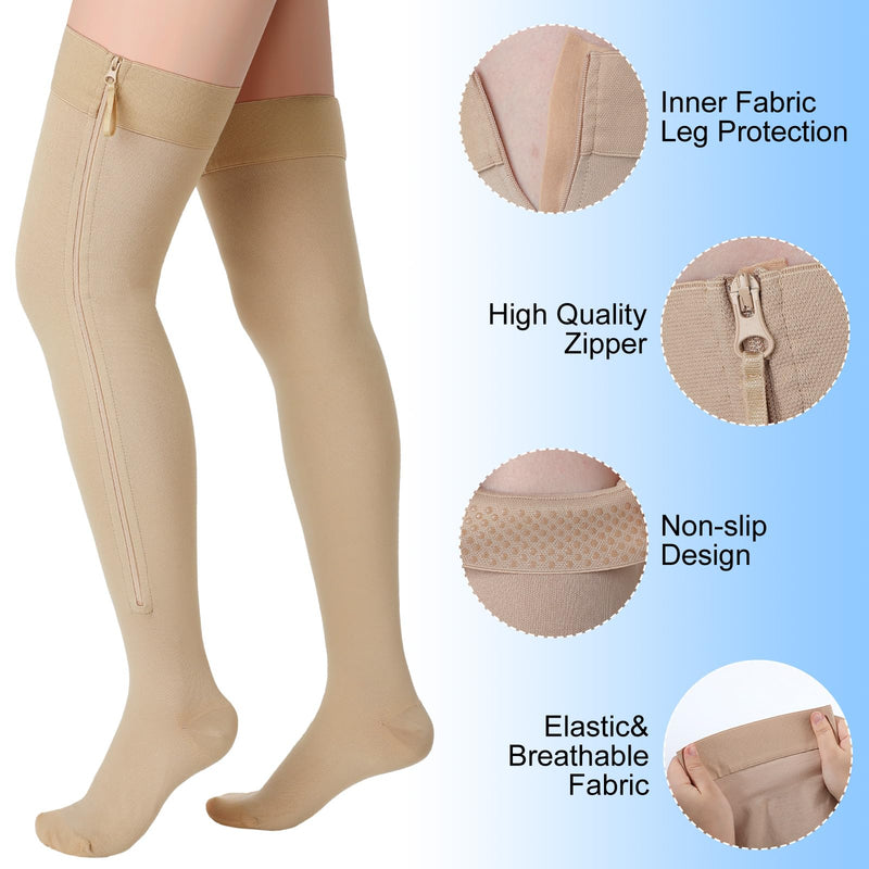 [Australia] - Sosation Thigh High Zipper Compression Socks 20-30 mmHg Zipper Compression Stockings Thigh High for Women Men Swelling Edema XX-Large Beige 