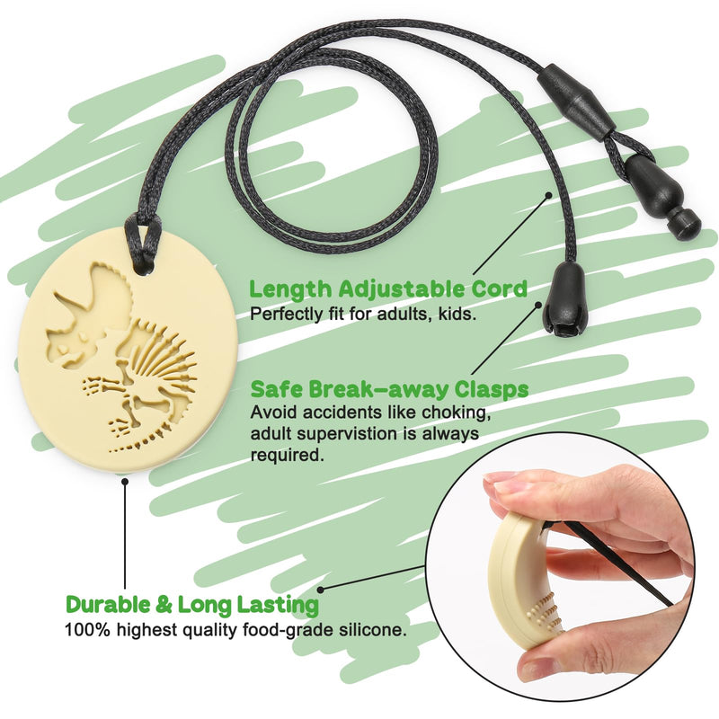 [Australia] - Sensory Chew Necklaces for Aggressive Chewers - Silicone Chewelry for Autism, ADHD, Oral Motor Therapy & Baby Teething - Dinosaur (BPA-Free, Textured Surface) Beige, Yellow, Gray, Green, Light Green 
