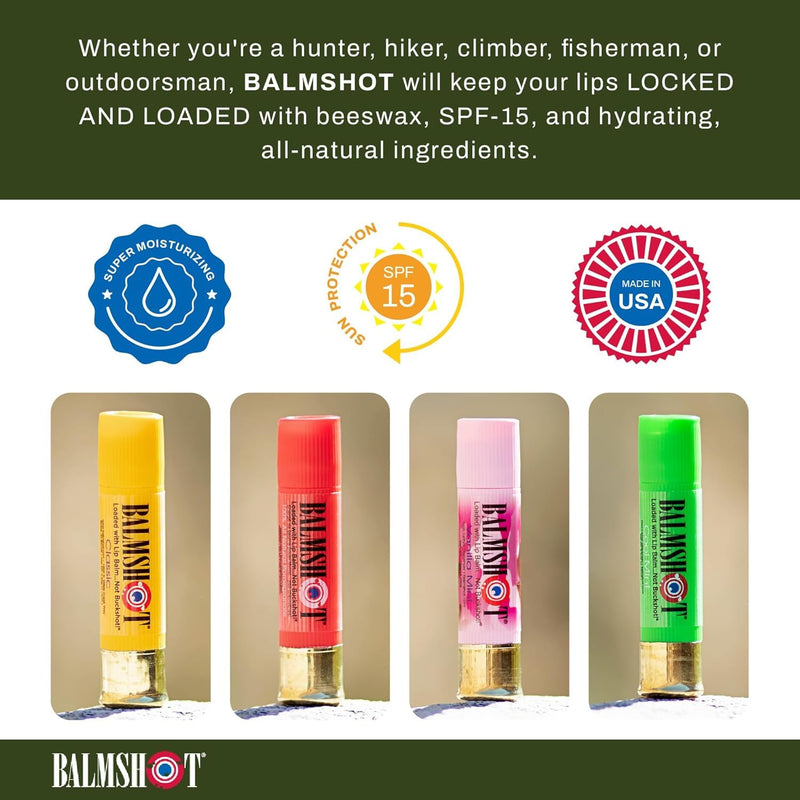 BALMSHOT Lip Balm - Multipack of four (4) SPF 15 Beeswax Chapstick with Aloe & Vitamin E, PABA Free - 20-Gauge Brass Shotgun Shell Tube – Heat Resistant, Long Lasting Lip Moisturizer – Made in USA