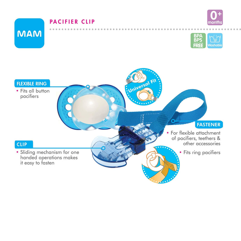 MAM 2 Clips for Pacifiers With Fasteners and Flexible Rings for Boys, Designs May Vary 2 Pack Boy