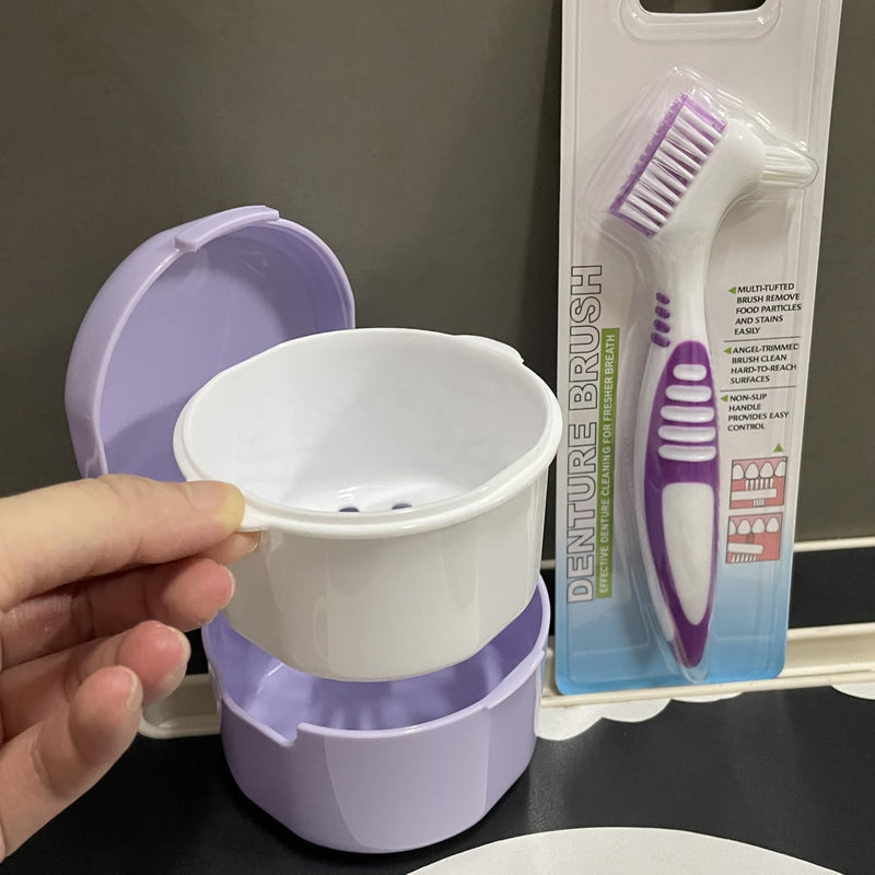 [Australia] - Denture Bath Case Cup Box Holder Storage Container with Denture Cleaner Brush Strainer Basket for Travel Cleaning(Purple) Purple 