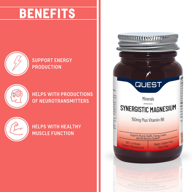 Quest Synergistic Magnesium 150mg Plus Vitamin B6-60 Tablets. Essential for Energy Production & Muscle Function. Supports Heart Health & Nervous System, Gluten-Free, Dairy-Free, Vegan. (60 Capsules) 60 count (Pack of 1)