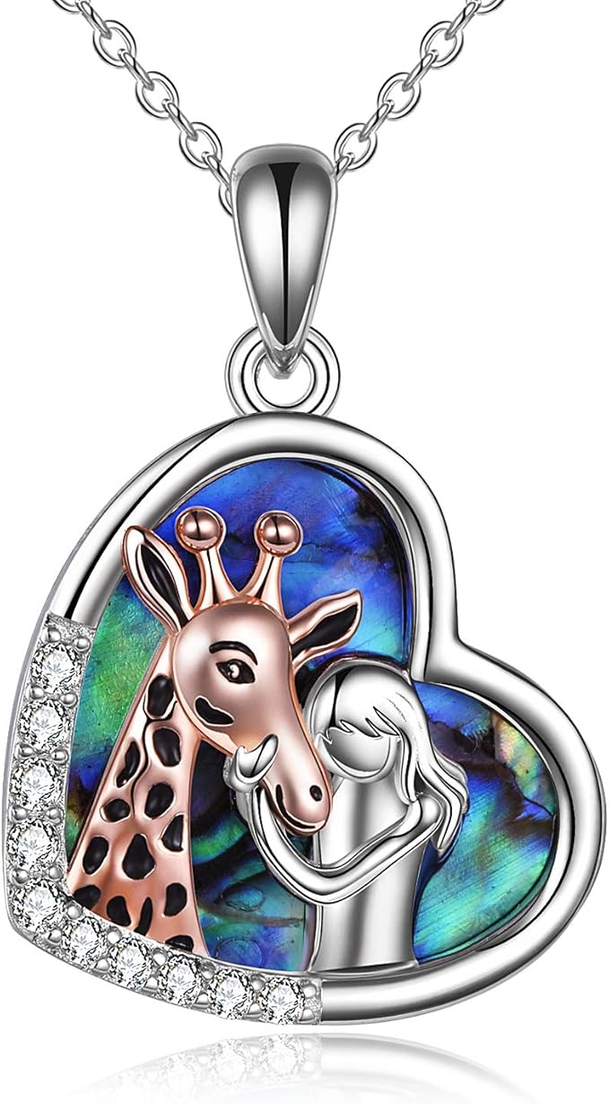 Girl with Giraffe Sterling Silver Necklace for Women Giraffe Pendant Necklaces with Crystal Cute Animal Jewellery Gifts for Women Girls