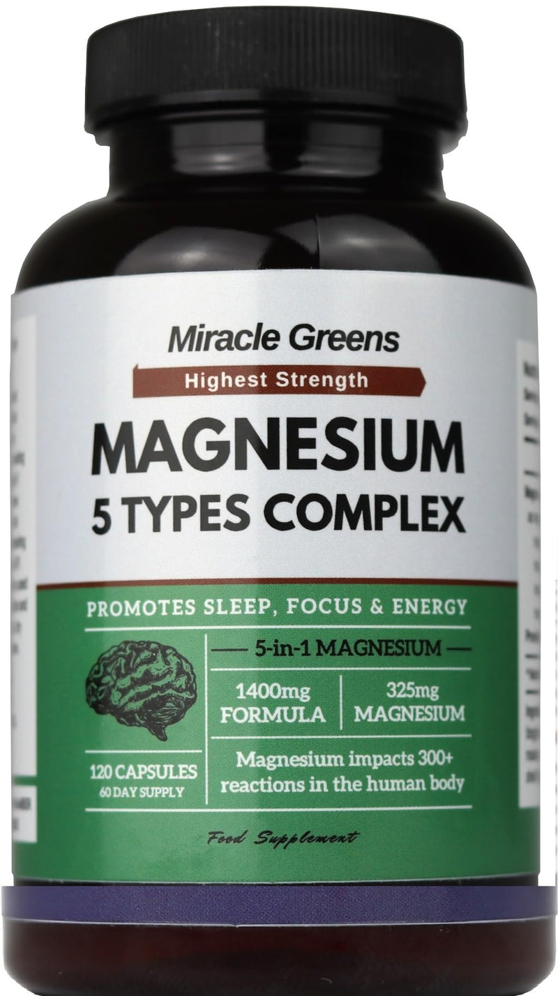 5 in 1 Magnesium Complex – Glycinate, Citrate, Lactate, Malate & Taurate – 1400mg Formula Providing 325mg of Elemental Magnesium – for Sleep, Energy, and Muscles – 120 Capsules, Made in The UK