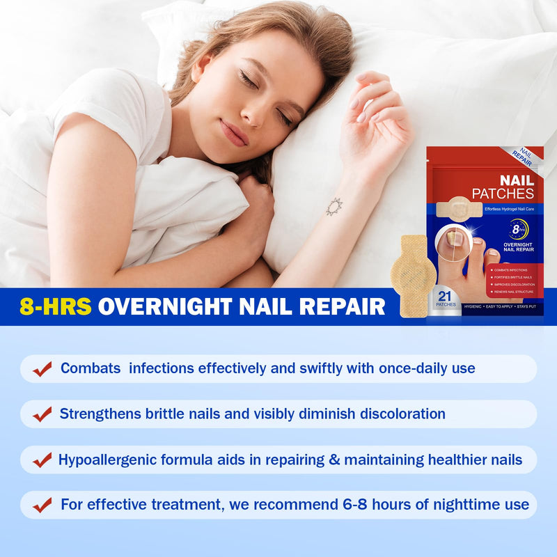 Nail Patches 21Pcs, Toenail & Fingernail Care Patches, 8-Hour Overnight Hydrogel Adhesive Wrap for Dry Brittle or Cracked Nails 1 Count (Pack of 21)