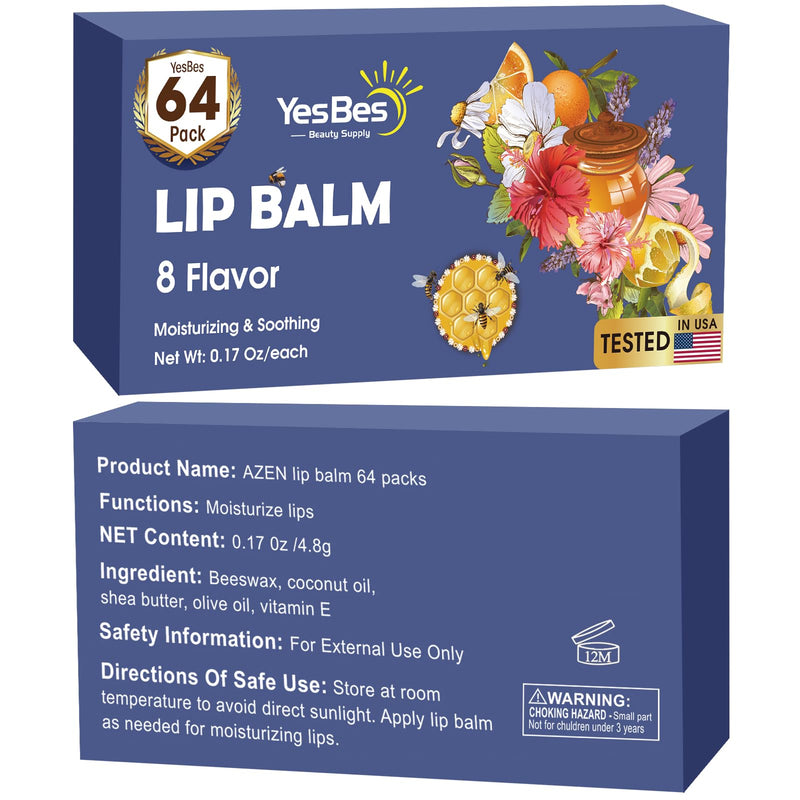 YesBes 64 Pack Lip Balm, Natural Lip Balm Bulk with Vitamin E and Coconut Oil, Moisturizing Lip Balms for Dry Cracked Lips, Lip Balms for Mothers Day Gifts Stocking Stuffers - 8 Flavors D-64P