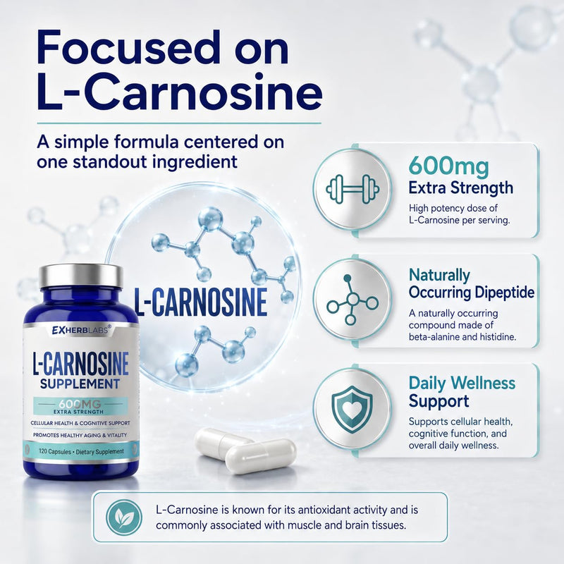 L-Carnosine Supplement 600mg, for Cellular Health & Cognitive | Antioxidant Defense & Muscle Recovery, Support Healthy Aging & Vitality, Gluten Free & Non-GMO, 120 Capsules, 60 Day Supply 120 Count (Pack of 1)