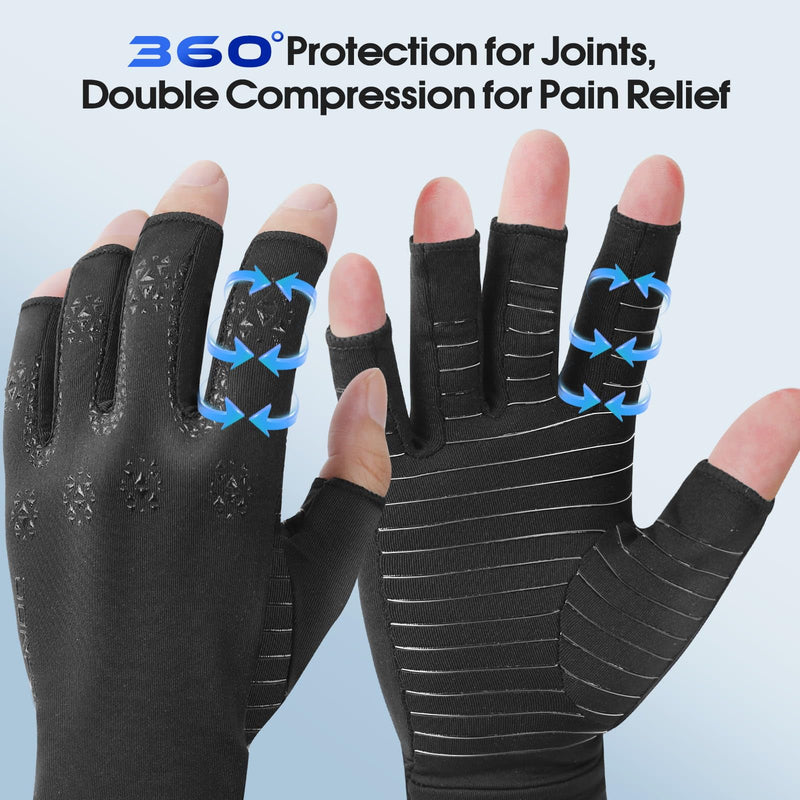 [Australia] - Donfri Copper Arthritis Compression Gloves for Women Men, Fingerless Carpal Tunnel Pain Relief Gloves, Hand Support Wrist Brace (M) Black (1 Pair) Medium 
