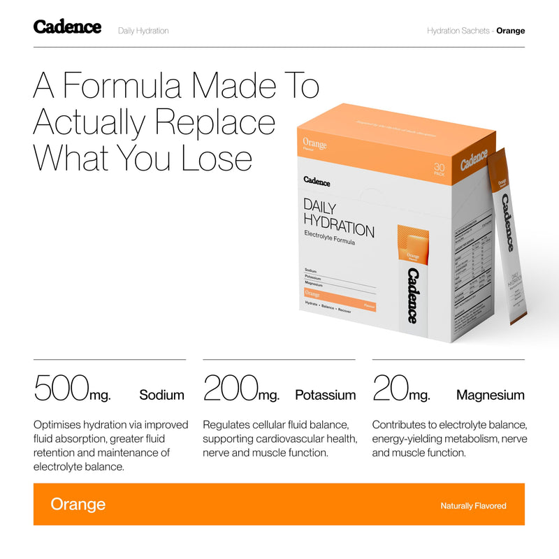 Cadence Daily Electrolyte Hydration Sachets - Essential Electrolytes Powder - Sodium, Potassium & Magnesium - Sugar Free, Zero Caffeine, Vegan - Everyday Use for Rehydration - Orange - 30 Sachets