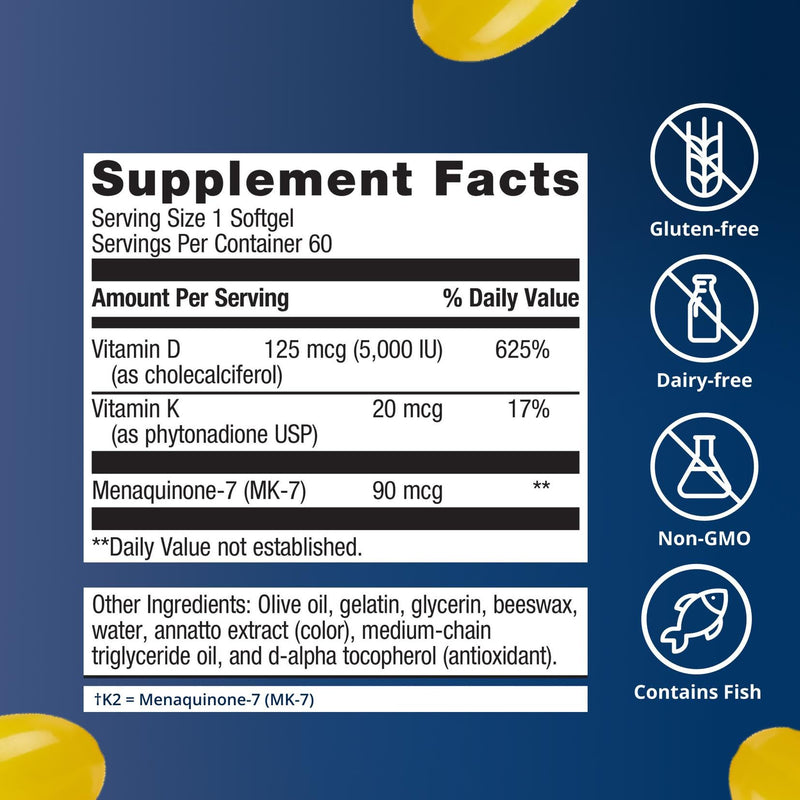 Metagenics Vitamin D3 and Vitamin K2 5,000 IU with MK-7- Vitamin D3 with K2 for Immune Support, Bone & Heart Health-Non-GMO, Gluten-Free-60 Softgels