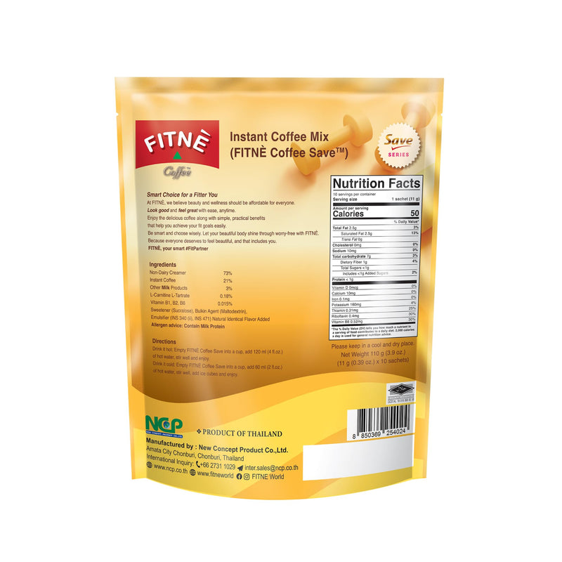 FITNE Instant 3 in 1 Coffee Packets Mix with L-Carnitine for Workout Exercise Vitamin B1 B2 B6 Smooth Blend No Sugar Sucralose Sweetener, 10 Sachets 10 Count (Pack of 1)