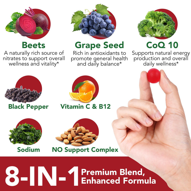 Beet Root Gummies 8-in-1 Premium Blend with Grape Seed, CoQ10, Vitamins C & B12 4000 mg Beet Equivalent Per Serving, Mixed Berry Flavor, 90 Gummies