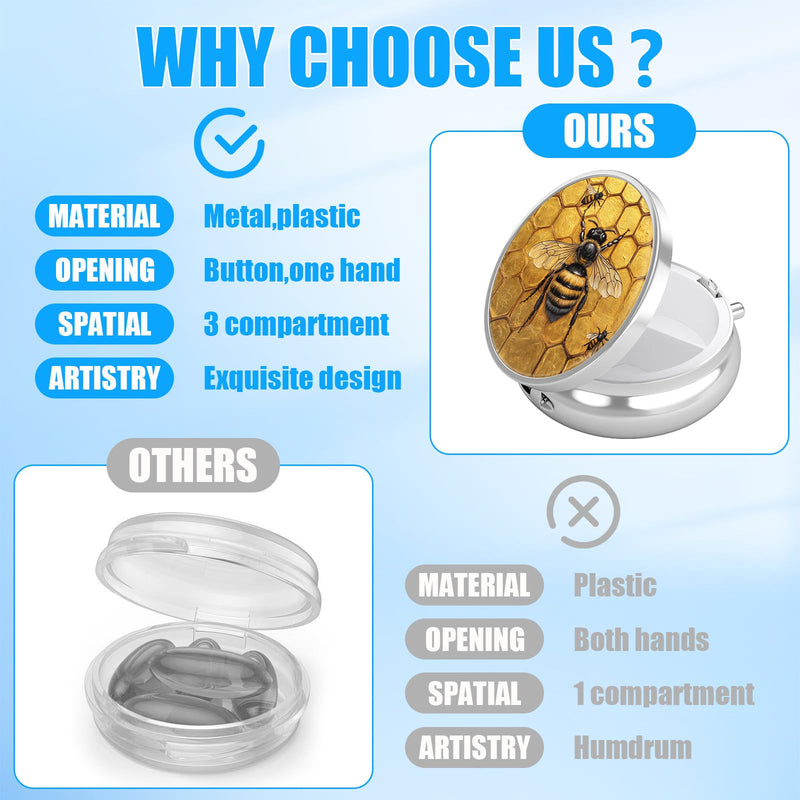 Pill Box, 3 Compartments Small Pill Case Travel Portable Metal Medicine Box with Mirror Mini Container for Purse Pocket Women Men（Cute Bee）