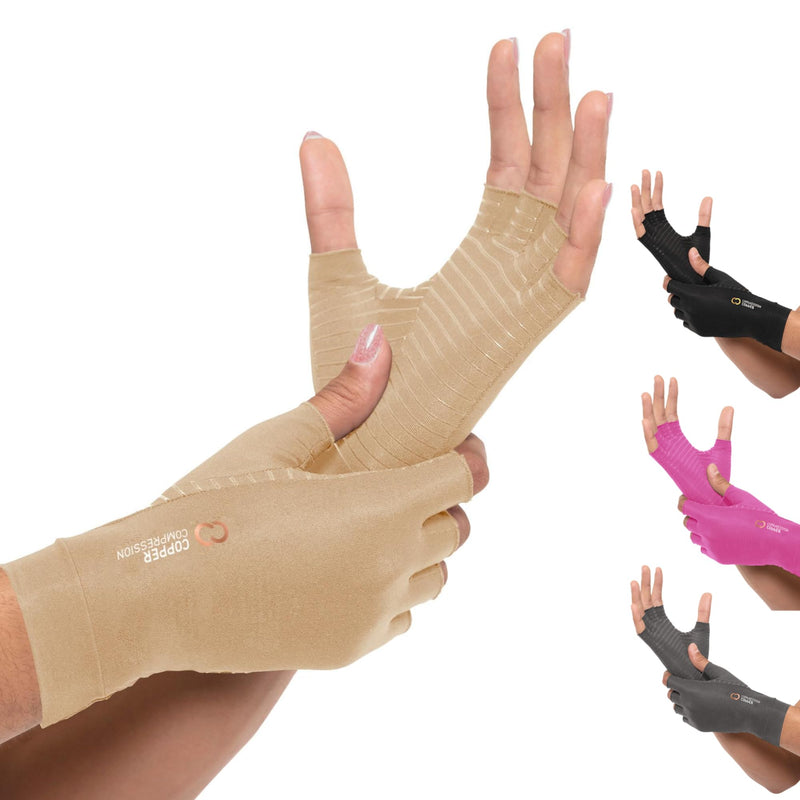 Copper Compression Arthritis Gloves | Fingerless Arthritis Carpal Tunnel Pain Relief for Men & Women | Hand Support Wrist Brace for Neuropathy, Rheumatoid, Tendonitis, Swelling, Crocheting Nude (M) Medium (1 Pair)