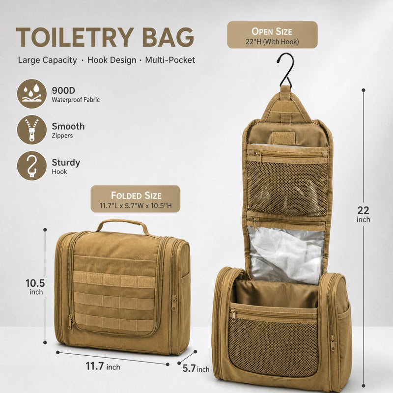 Hanging Toiletry Bag for Men, Mens Travel Toiletry Bag Dopp Kit with Hook | Large Tactical Toiletry Bag,Dry & Wet Pockets,Shower Bag for Toiletries,Travel Hygiene Shaving Bathroom Organizer Bag Khaki
