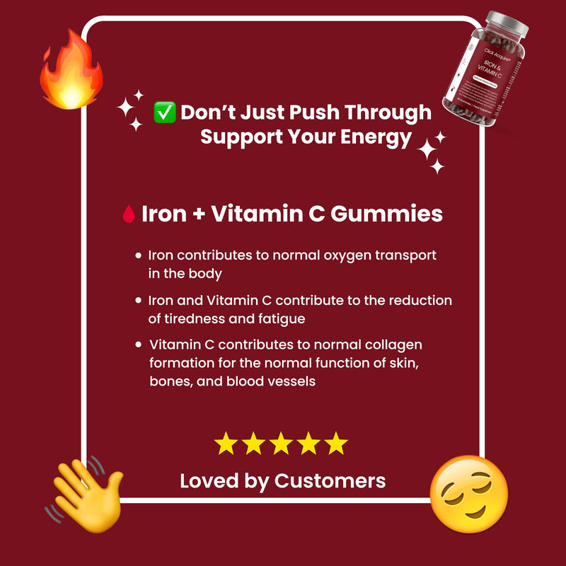 Iron and Vitamin C Gummies for Kids & Adults | 7mg Gentle Iron, 20mg Vitamin C Chewable | Vegan Natural Cherry Flavour | 2 Month Supply