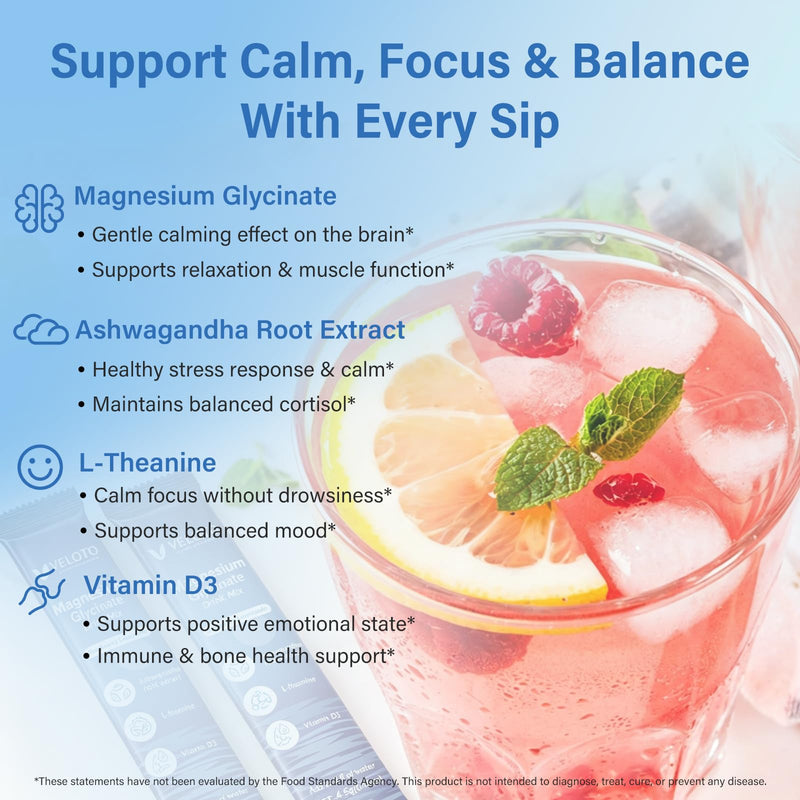Cortisol Calm Drink Sachets, Magnesium Glycinate Powder with Ashwagandha, L-Theanine & Vitamin D3, Stress Relief, Sleep & Relaxation Support, Sugar-Free, Non-GMO, 30 Sticks, Raspberry Lemonade Flavour