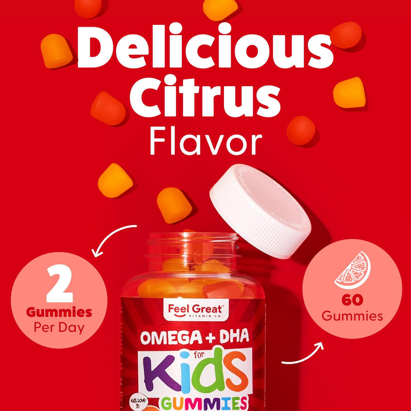 [Australia] - Feel Great Vitamin Co. Complete DHA Gummies for Kids | with Omega 3 6 9 + DHA, Vitamin C | Supports Healthy Brain Function, Vision & Heart Health | Gluten Free, Vegetarian | 60 Gummies Kids DHA + Omega 60 
