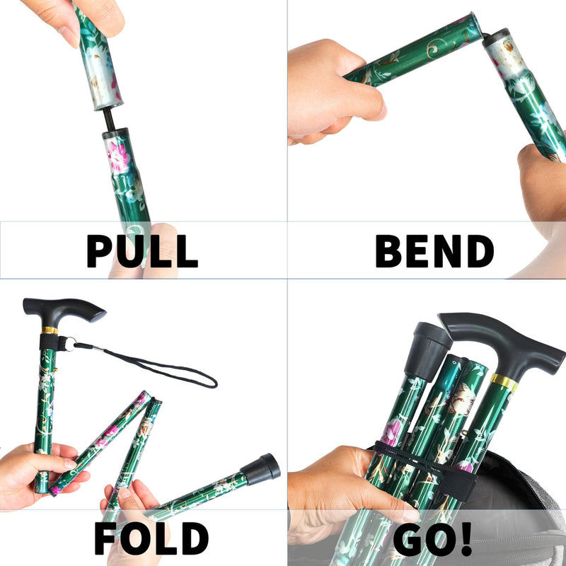 [Australia] - Folding Cane, 5-Level Adjustable Height Lightweight Portable Foldable Walking Canes with Wrist Strap and T Handle for Men Women Seniors Floral Green 