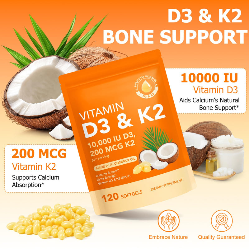 Liefiet Vitamin D3 K2 10000 IU with 200mg, Vitamin D3 and K2 Capsules, 2 in 1 Vitamins D & K Complex with Virgin Coconut Oil, 120 Softgels, Easy to Swallow & Non-GMO