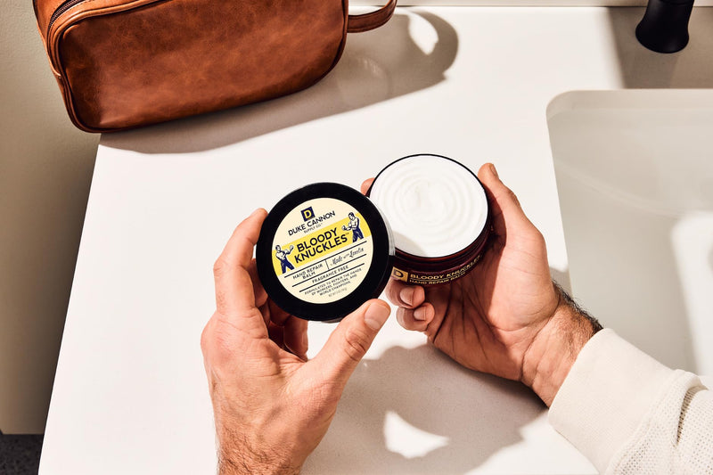 [Australia] - Duke Cannon Bloody Knuckles Hand Repair Balm - Unscented Moisturizer, Repair and Revitalize Dry, Cracked Skin, Ideal for Workers and Fighters, Set of 2 (5 oz. & 1.4 oz.) 