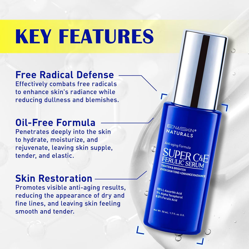 Vitamin C Face Serum for Anti Aging: Enaskin Naturals Super C Serum with Ferulic Acid for Women Mature Skin, Premium Formula Vit C Facial Serum for Brightening Dark Spots and Glowing up Skin - 1.7 Oz 1.7 Fl Oz (Pack of 1)