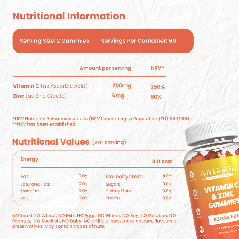 Vitammies Vegan Sugar Free Vitamin C and Zinc Gummies – Chewable Orange Lemonade Flavor Gummies Vitamins Adults and Kids – 200mg Vitamin C Per Serving for Daily Wellness (120 Units)