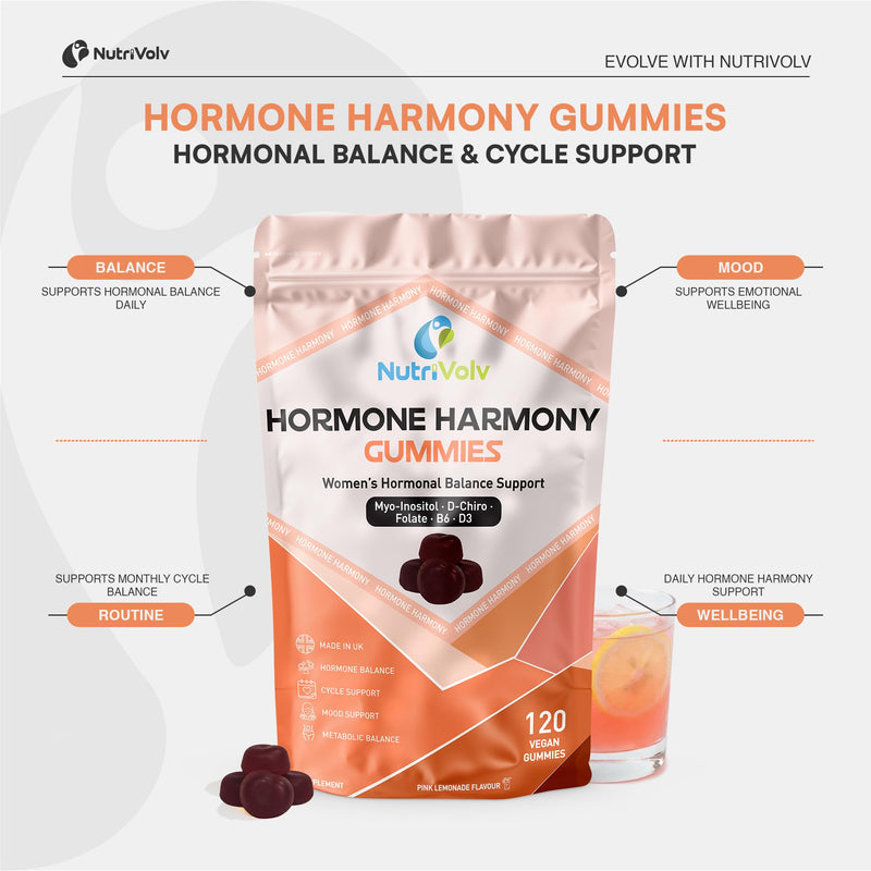 Hormone Harmony Gummies | 120 Vegan Gummies | Myo & D-Chiro Inositol 2100mg, D3, 5-MTHF Folate, P-5-P B6 & Chromium | Mood, Cycle & Hormonal Support for Women | Pink Lemonade | UK Made | by NutriVolv