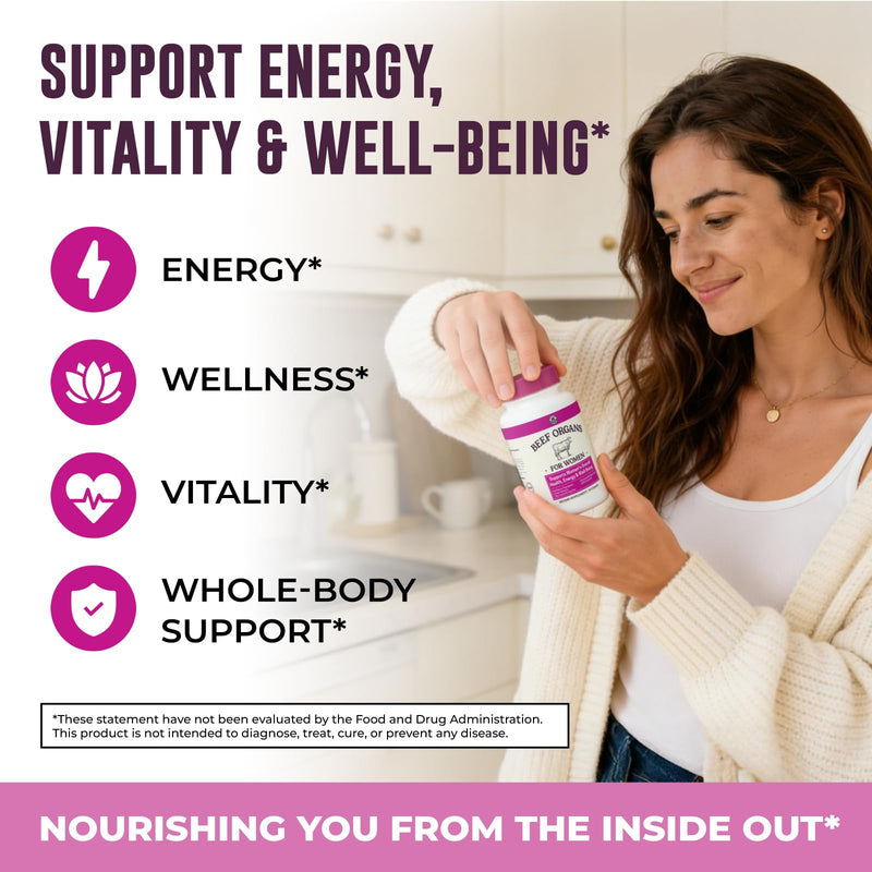 Beef Organ Supplement for Women, 120 Capsules | Beef Liver, Kidney, Heart and Uterus Tissue - Supports Women's Energy & Health - Grass Fed, Pasture Raised, 3rd Party Tested