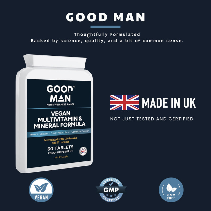 Good Man Vegan Multivitamin & Mineral Tablets | 13 Vitamins & 11 Minerals | B12, Iron, Calcium & Zinc | Energy, Immune & Bone Support | 60 Count | UK Manufactured