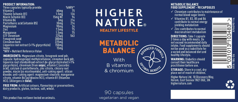 Higher Nature - Advanced Glucose Support - Healthy Weight & Metabolism - Vegetarian & Vegan - 90 Capsules