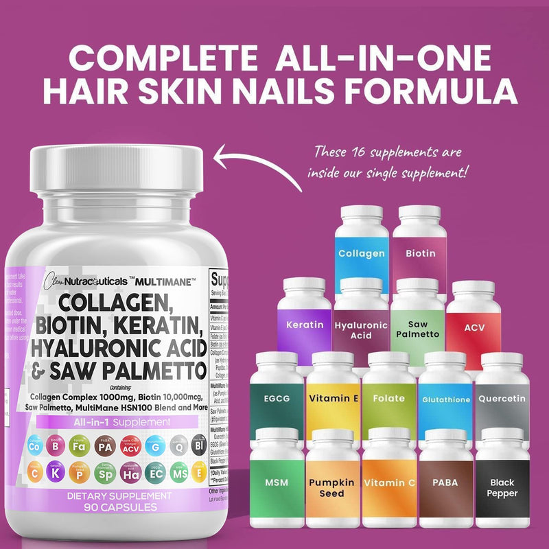 [Australia] - Collagen Pills 1000mg Biotin 10000mcg Keratin Saw Palmetto 2500mg Hyaluronic Acid - Hair Skin and Nails Vitamins and DHT Blocker with Vitamin E Folic Acid Pumpkin Seed MSM - 90 Count 