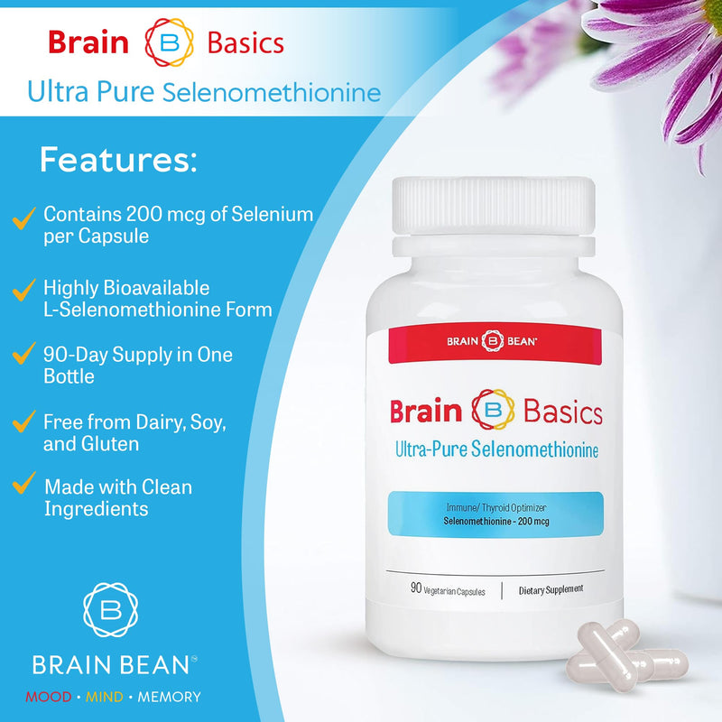 [Australia] - Brain Basics Ultra-Pure Selenomethionine - Proper Thyroid Function and Immune System Support - 200 mcg Most Bioavailable Selenium - 90 Servings 