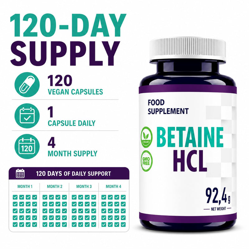 Hepatica Betaine HCL | 650mg (Betaine Hydrochloride) | 120 Vegan Capsules | 4-Month Supply | GMP & 3rd Party Lab Tested