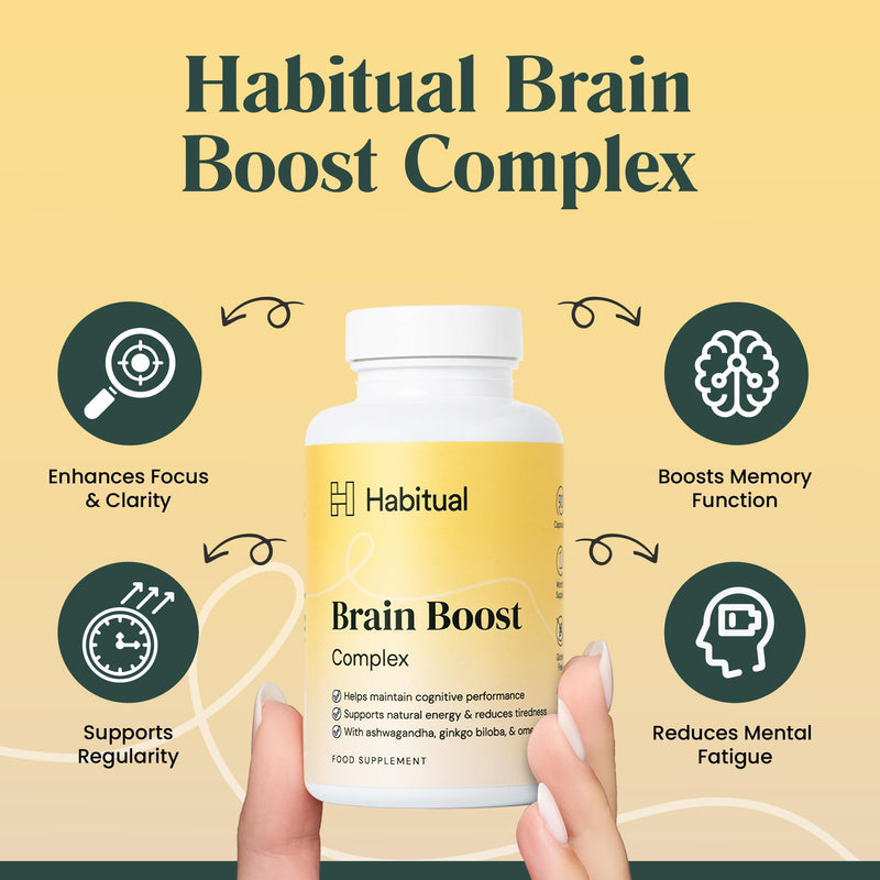 Habitual Brain Boost Complex | Nootropic Supplement with Ashwagandha, Ginkgo Biloba & Vegan Omega-3 | Focus, Memory & Mood Support | 7 B Vitamins, Zinc & Vitamin D | Vegan & Gluten-Free Capsules