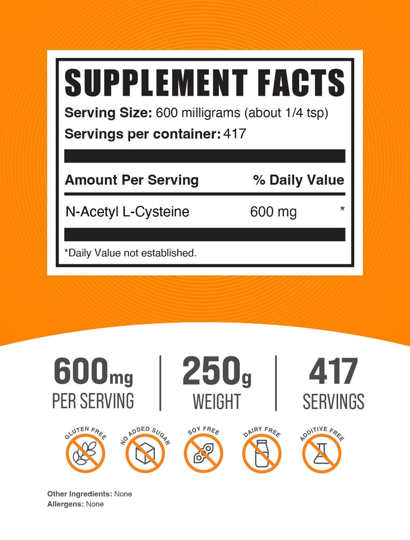 BulkSupplements.com NAC Powder - N-Acetyl Cysteine 600mg, NAC Supplement - Antioxidant Support, Gluten Free - 600mg per Serving, 417 Servings, 250g (8.8 oz) (Pack of 1) 417 Servings (Pack of 1)