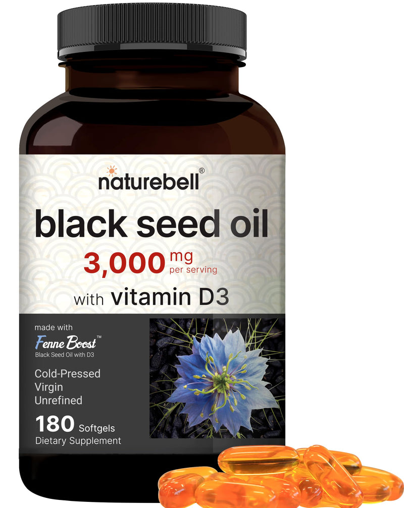 NatureBell Cold Pressed Black Seed Oil 3,000mg Per Serving with Vitamin D3 2,000IU, 180 Softgels | Egyptian Nigella Sativa, Odorless Black Cumin Seed, Virgin Liquid Oil Capsules – Non-GMO