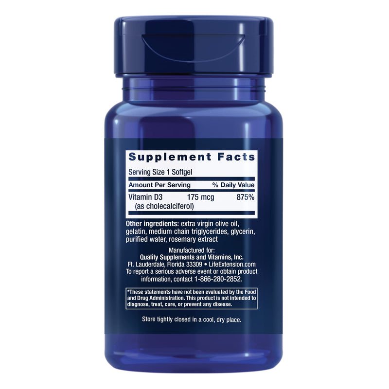 Life Extension Vitamin D3 175 mcg (7000 IU), Immune System Support, Bone Health, Brain Performance, Gluten-Free, Non-GMO, Once Daily, Two-Month Supply, 60 softgels | Bone Health, Cognitive Health & Immune System Support, Gluten-Free & Non-GMO, Once Dai...