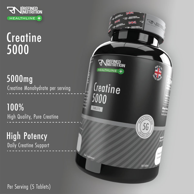 Refined Nutrition Creatine Monohydrate Tablets 5000mg – High Strength Pure Creatine 5g Serving – 100 Tablets for Muscle Growth, Power & Performance – UK Made, Vegan & Halal Certified – 20 Servings