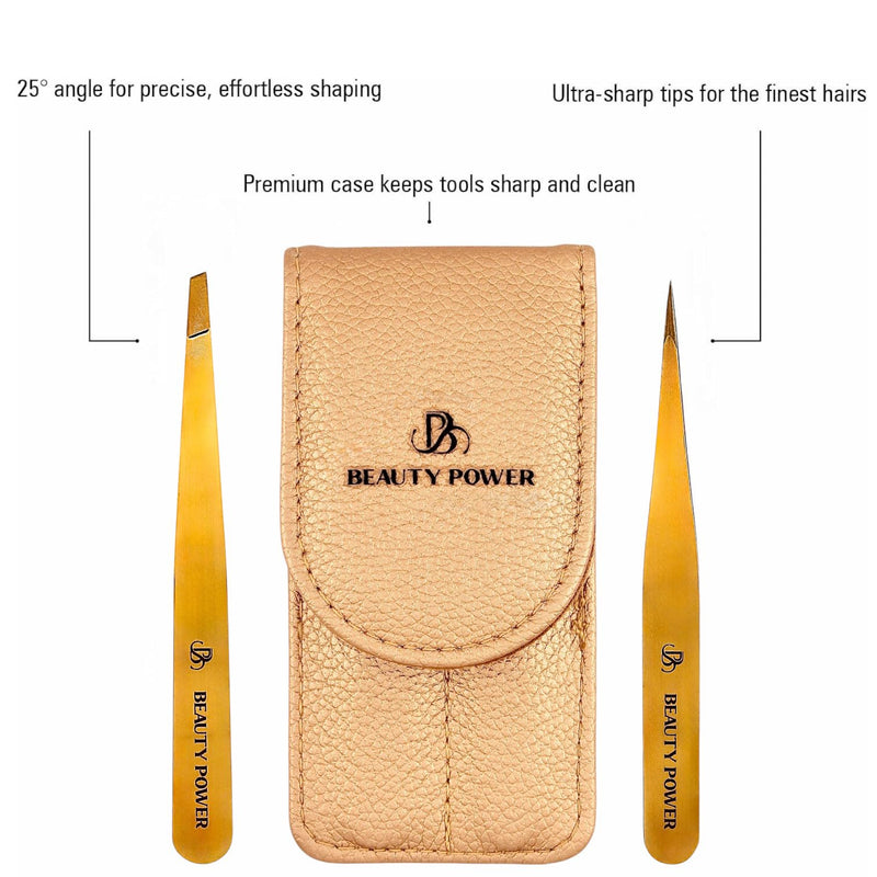 [Australia] - Professional Tweezers Set – Slant & Point, Ultra Precision German Stainless Steel Tweezers for Eyebrows, Chin, Ingrown Hair & Facial Grooming – Lightweight with Travel Case (Matte Gold) 2 / Matte Gold in Case 