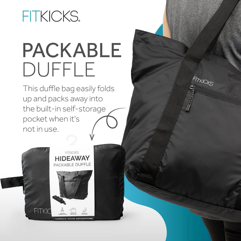 FITKICKS Hideaway Packable Duffle, Large Duffle Bag for Travel, Black