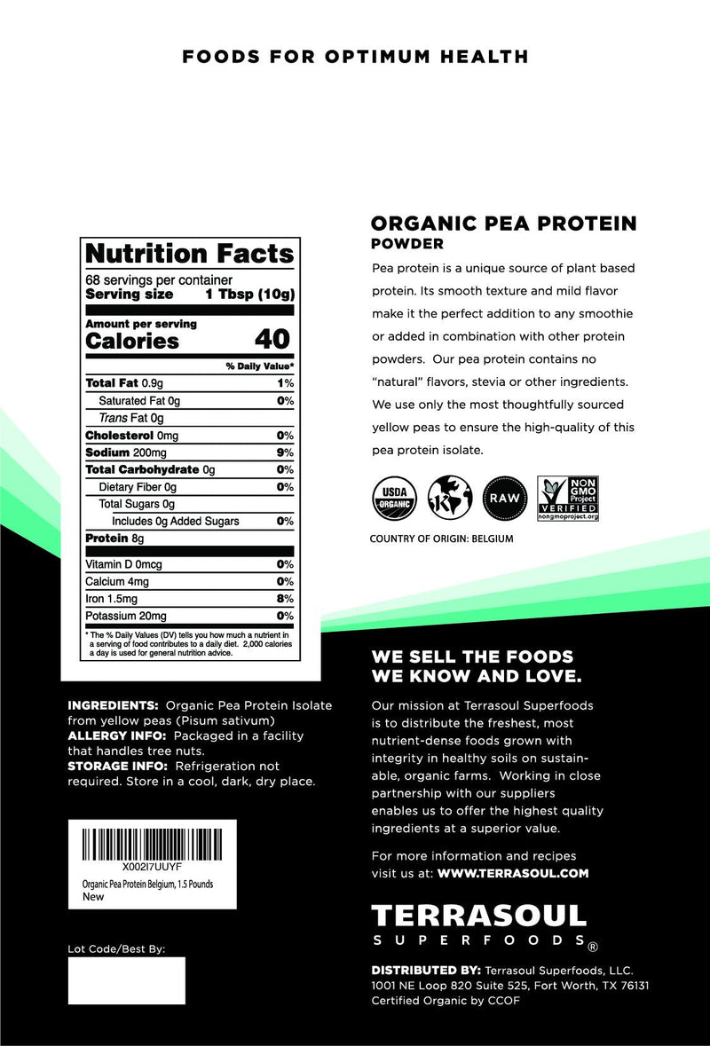 [Australia] - Terrasoul Superfoods Organic Pea Protein, 1.5 Lbs - European Sourced | Unflavored | Smooth Texture 