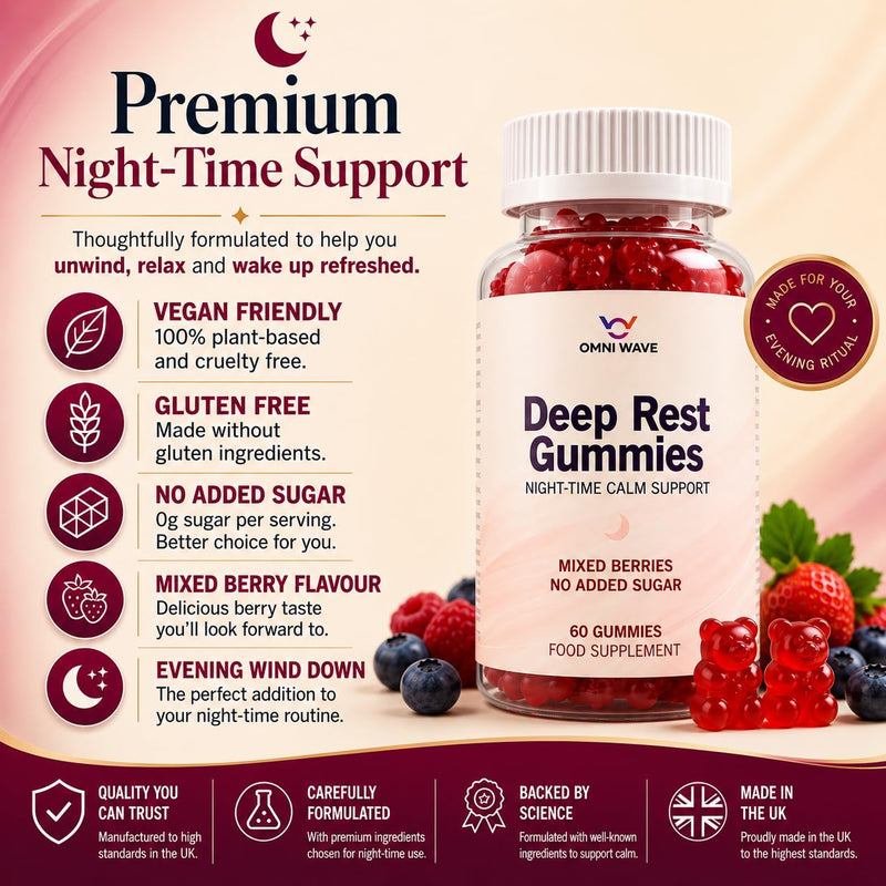 Omni Wave Deep Rest Gummies | Relaxation & Sleep Support with L-Theanine, Magnesium Bisglycinate, Glycine, Lemon Balm, Passion Flower & Chamomile | No Added Sugar Mixed Berries | Vegan | 60 Gummies