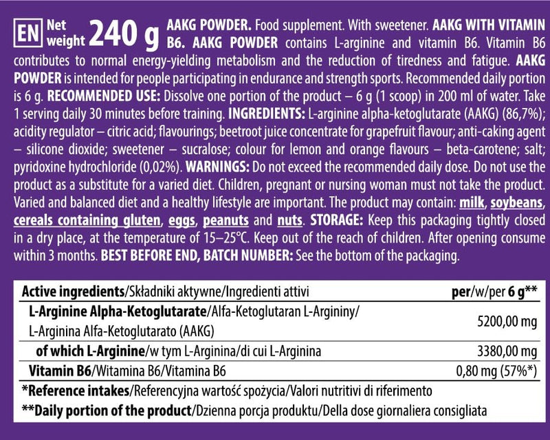 Trec Nutrition L-Arginine Alpha-Ketoglutarate (AAKG)+ Vitamin B6 240g Powder Supplement | Energy Muscle Pump PRE Workout | Grapefruit